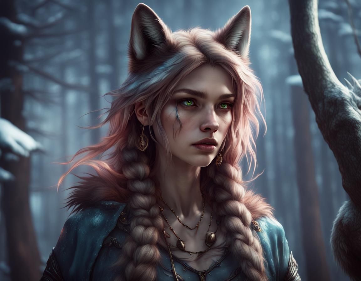 Realistic Wolf Girl in Detailed Matte Painting