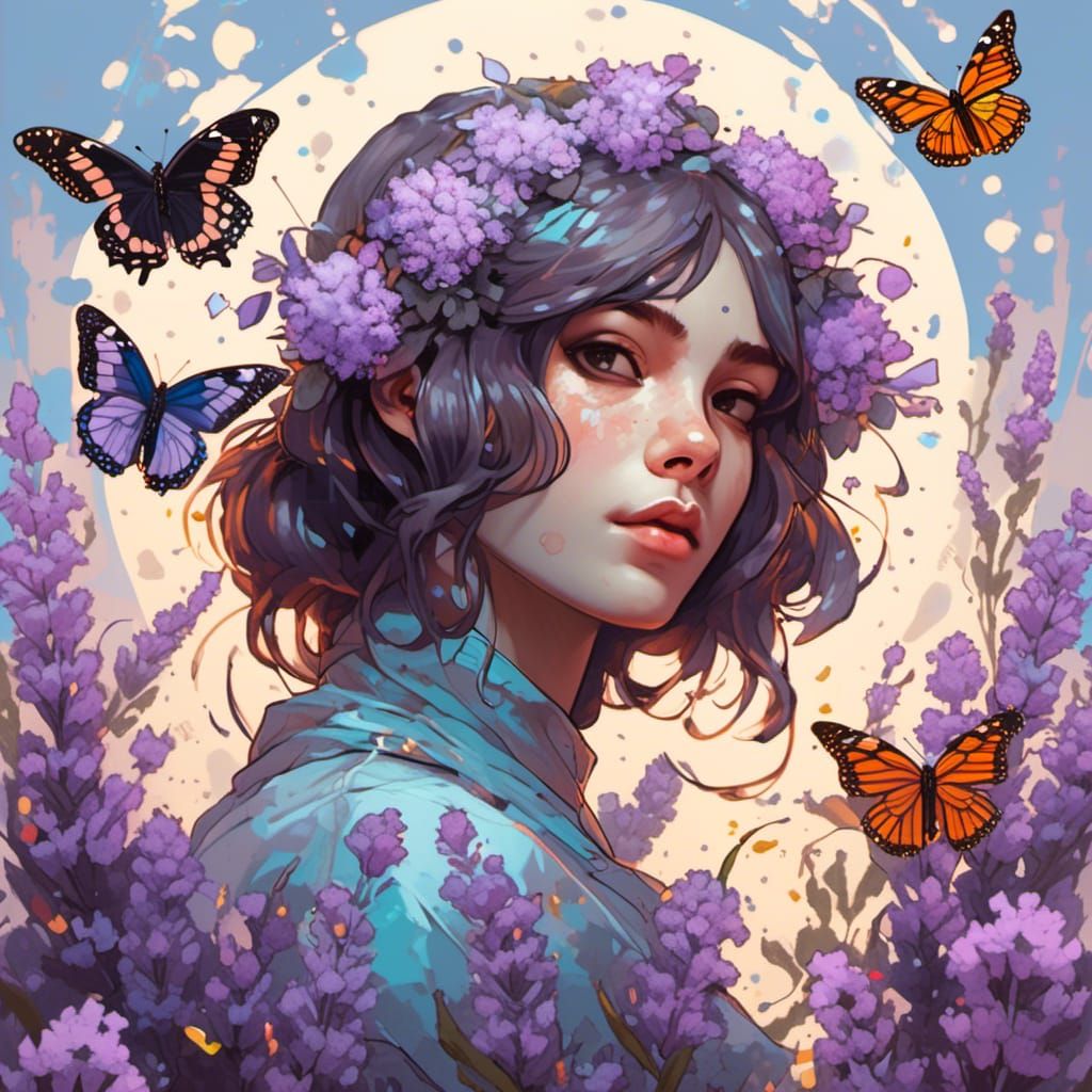 Inksplattered Lavender and Candytufts with Butterflies