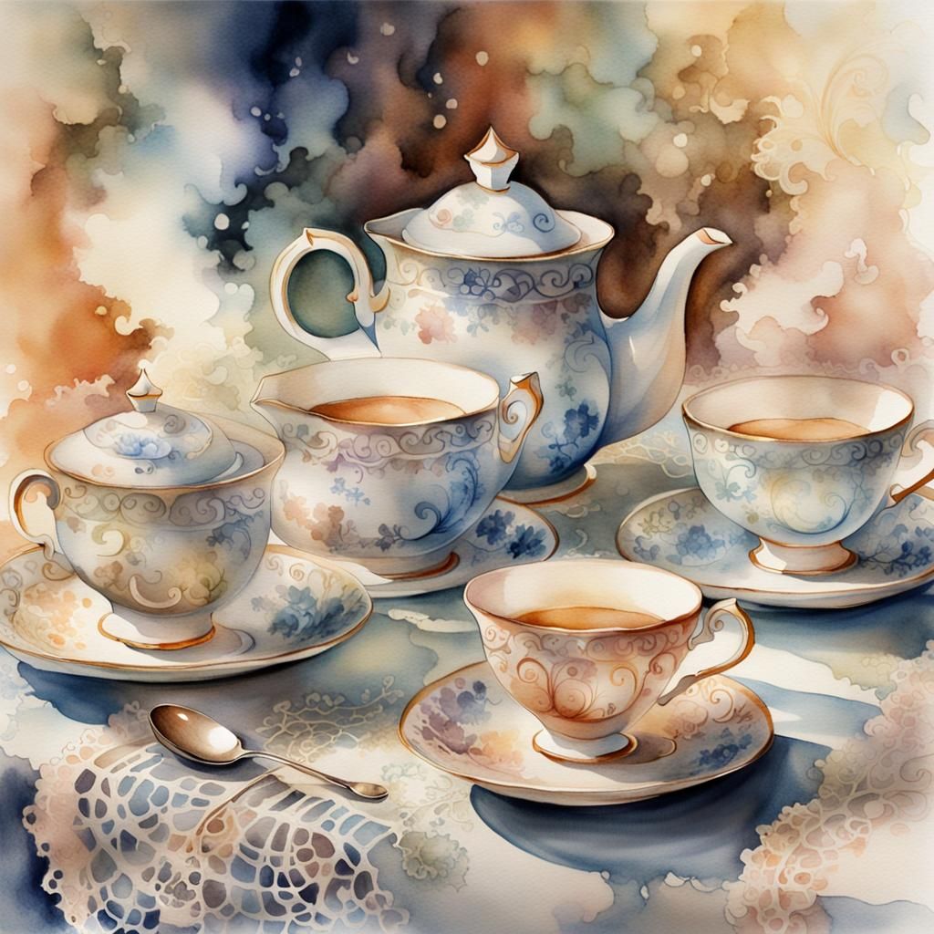 Whimsical Watercolour Tea Set with Steam
