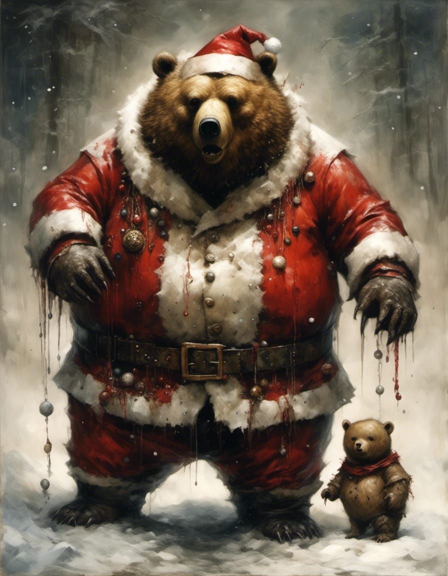 Obese Bear Santa Claus in Snow