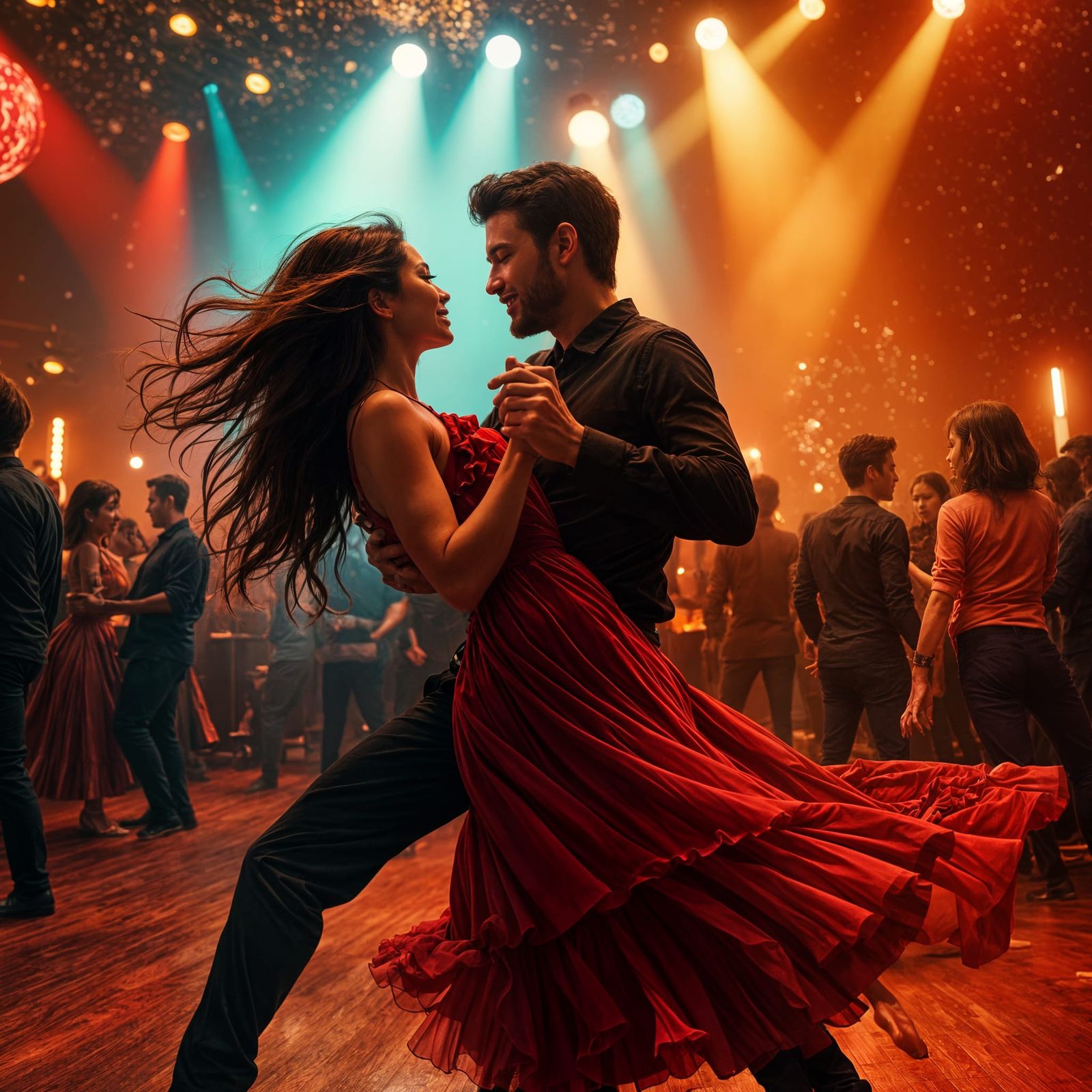 Couple Salsa Dancing in Vibrant Nightclub