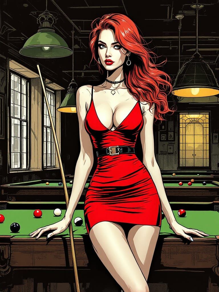Elegant Woman in Red Dress with Pool Cue