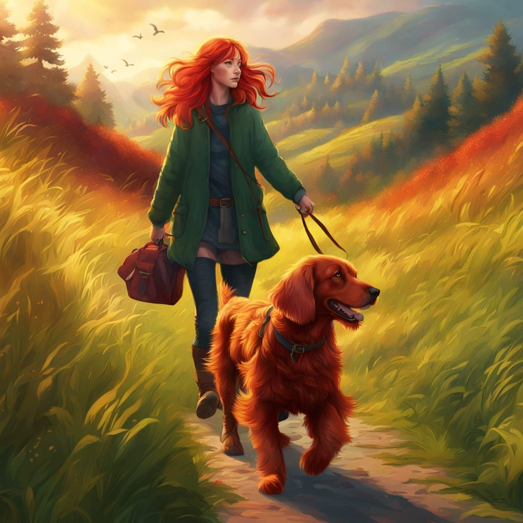 Girl with Red Setter Dog in Sunlit Meadow
