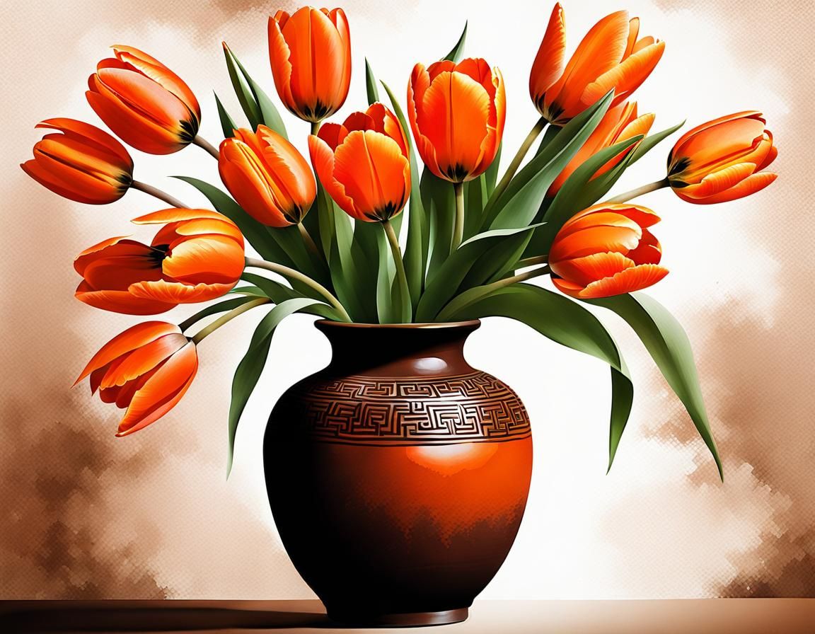 Orange Tulips in Vase: Chinese Ink Painting
