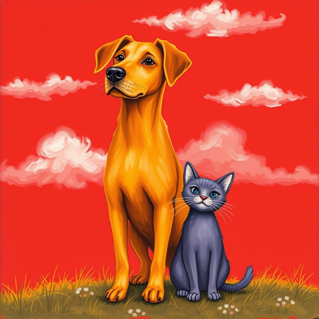 Orange Dog and Purple Cat Gouache Painting