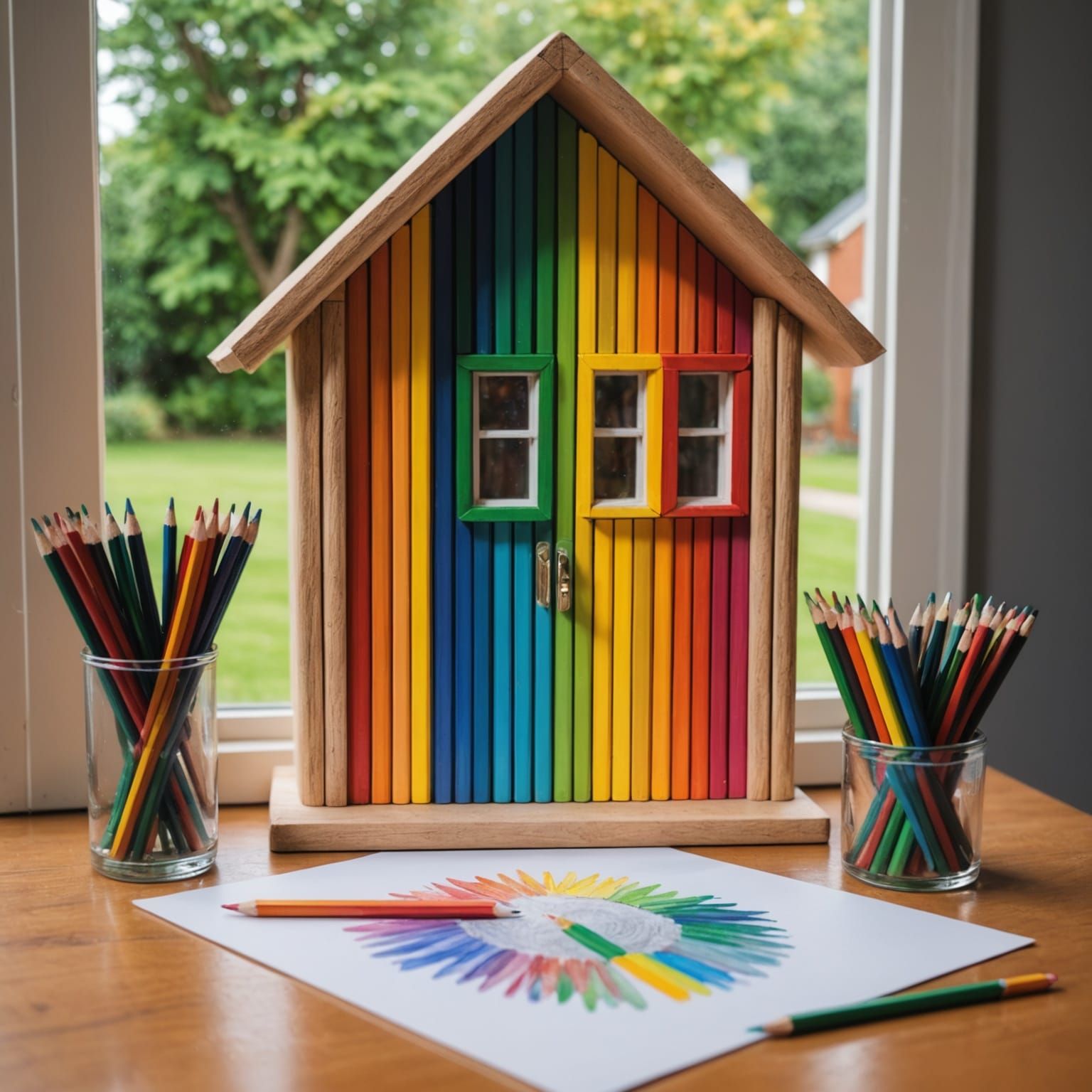 House Crafted From Colored Pencils on Table