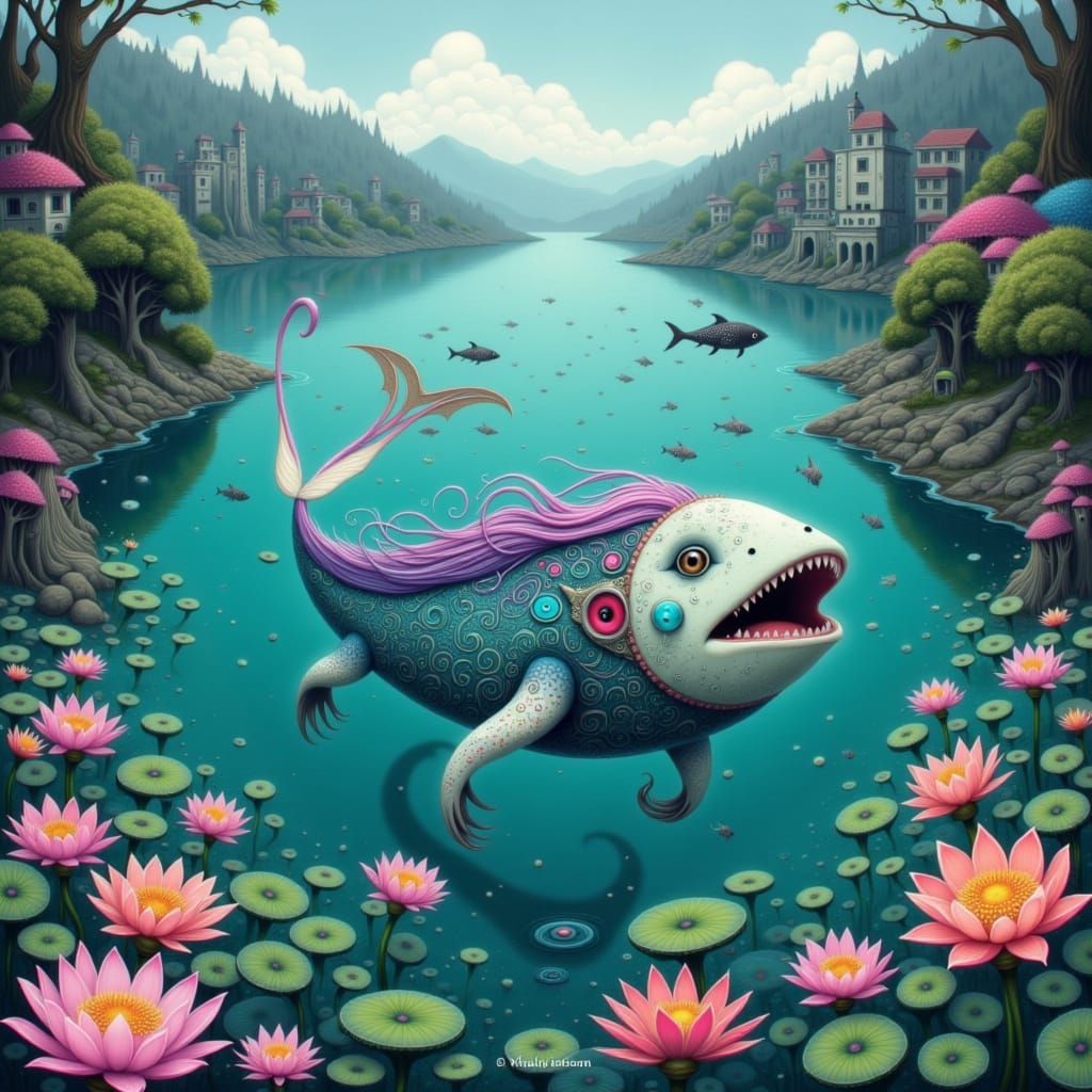 Majestic Ahuizotl in Serene Lake: Detailed Realism