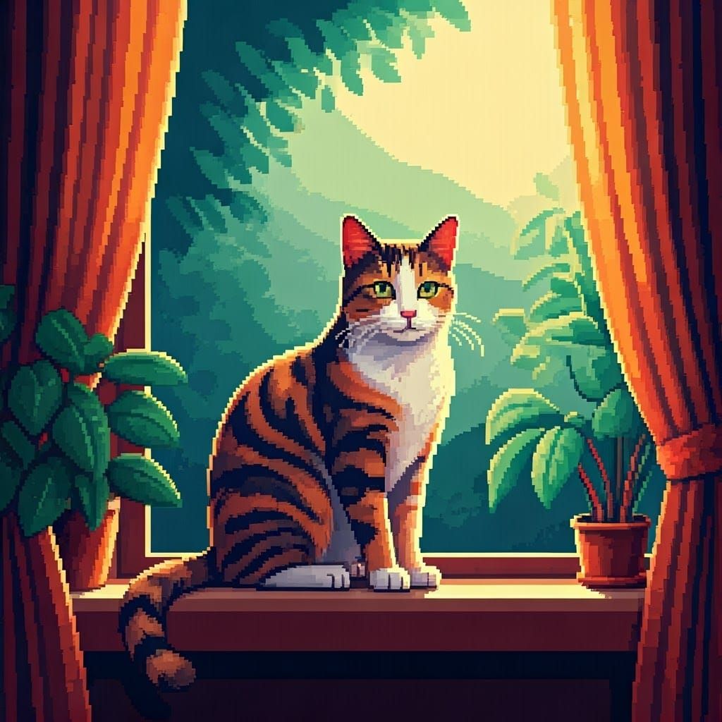 Pixel Art Tortoiseshell Cat on Sunny Windowsill