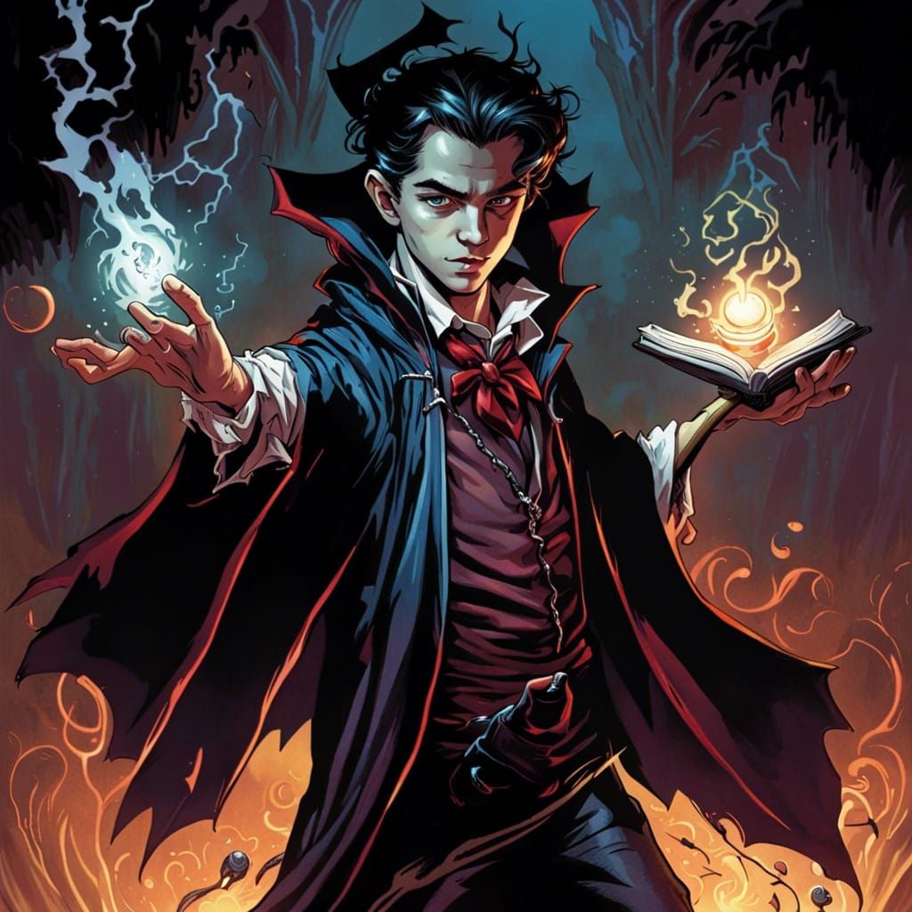 Vampire Wizard Spellcasting in Comic Book Art Style