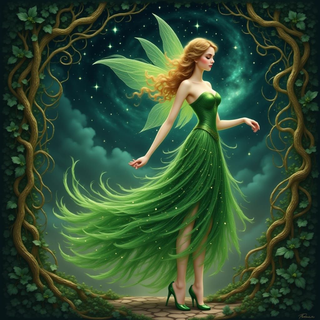 Emerald Fairy Woman in Romantic Art Nouveau Style