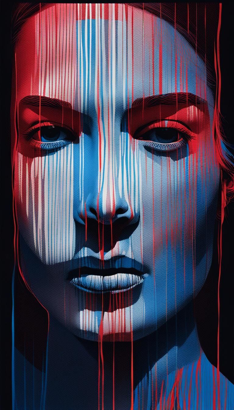 Illuminated Portrait with Red Sketch and Blue Streaks