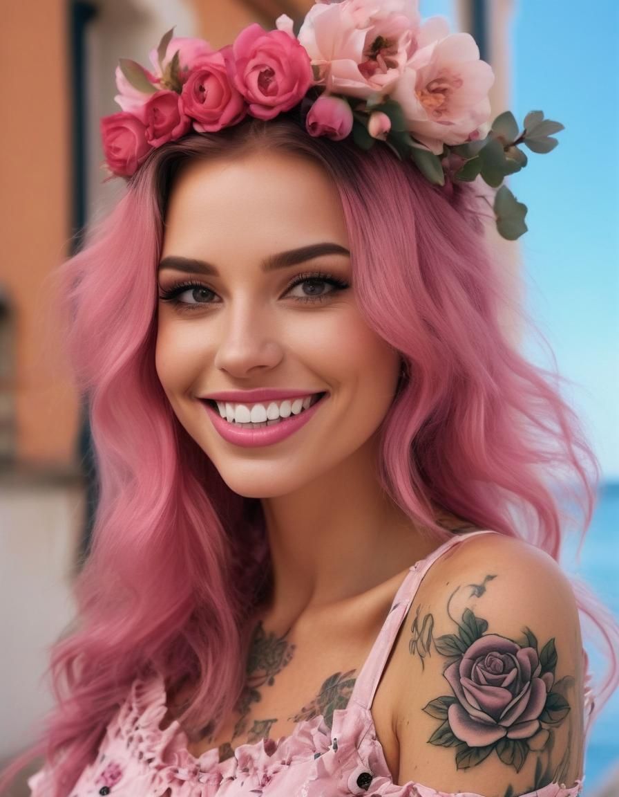 Smiling Tattooed Girl in Pink Dress