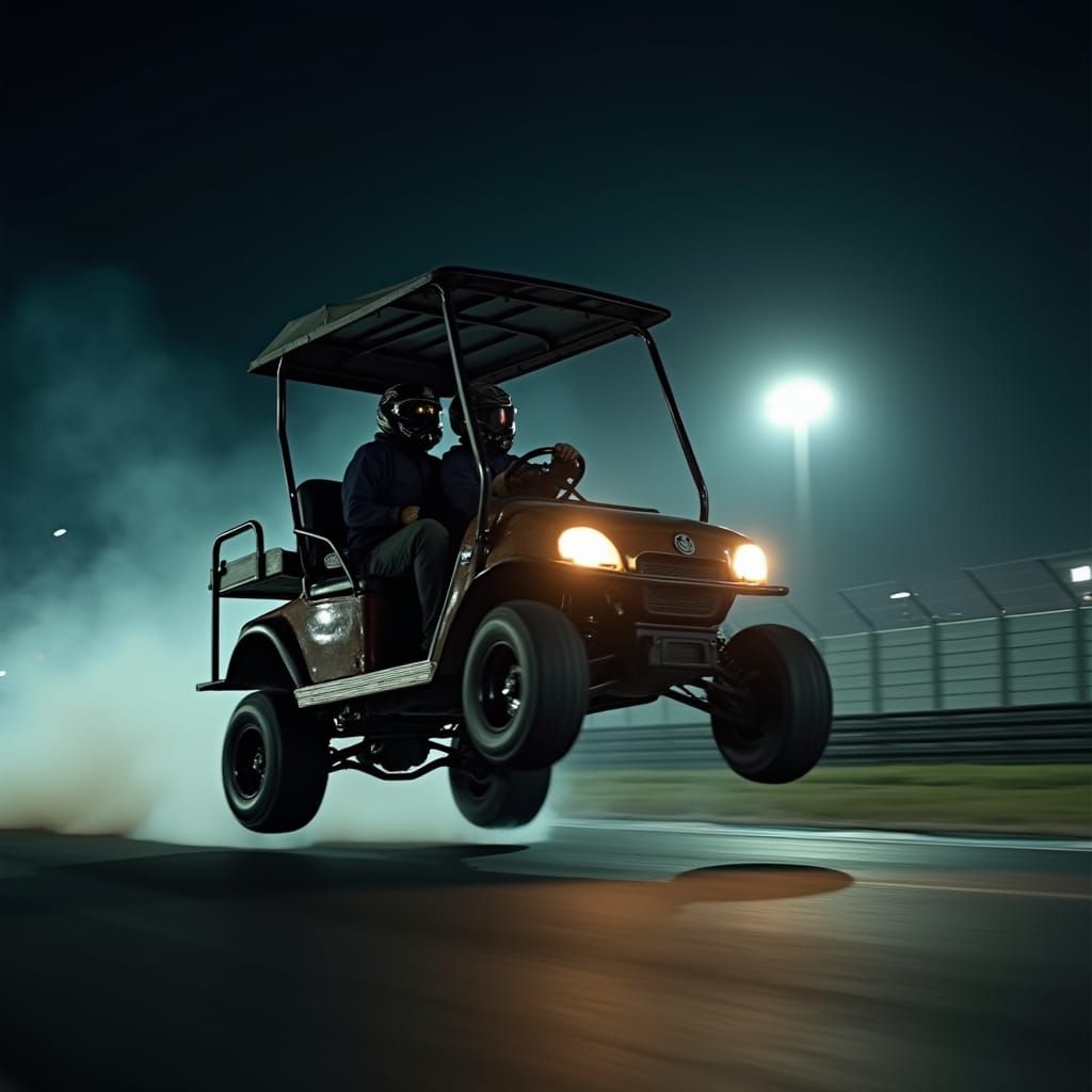 Yamaha Golf Cart Soaring on Racetrack at Night