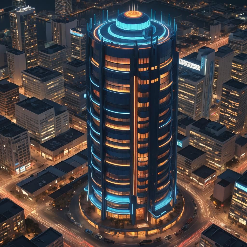 International Tower in Fluorescent Blue: Digital Art