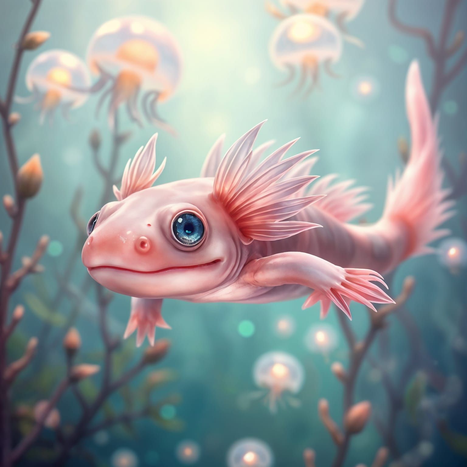 Axolotl Portrait in Watercolor Style
