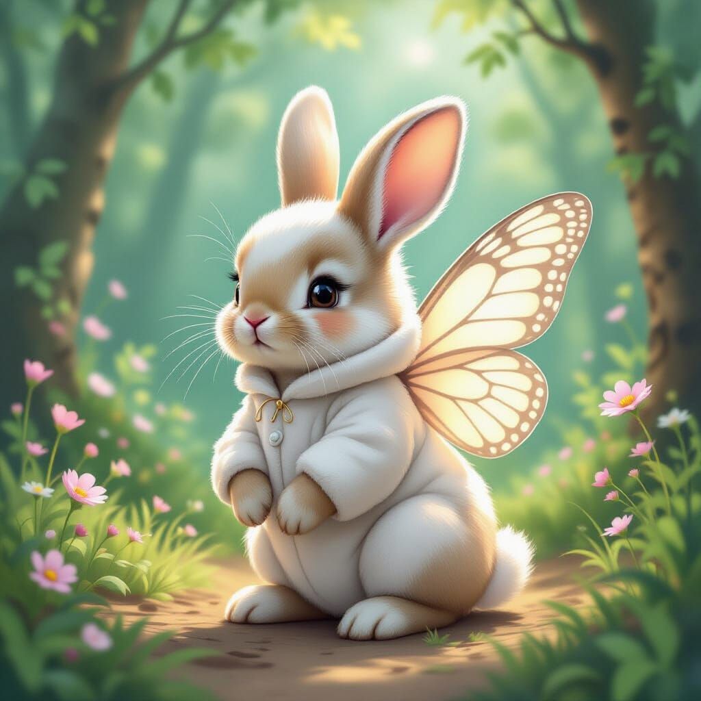 Baby Bunny with Butterfly Wings in Whimsical Forest