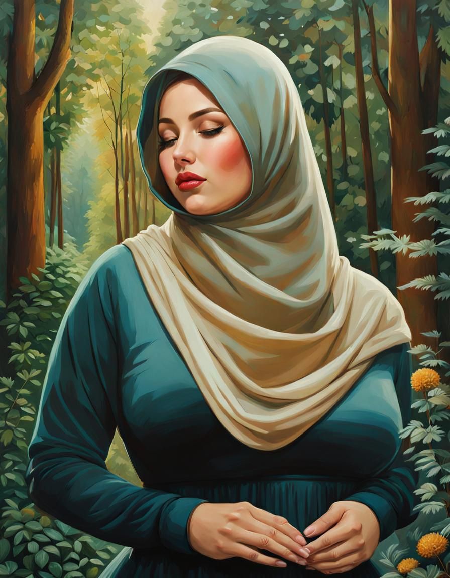 Woman in Hijab and Balaclava in Forest Garden