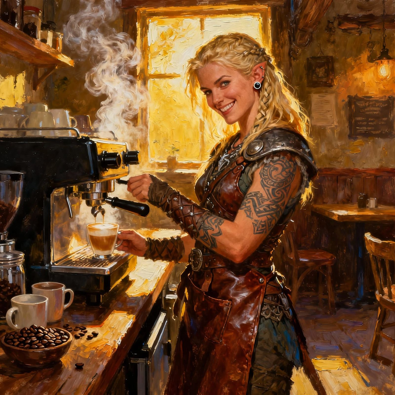Viking Barista Woman Crafting Latte in Oil Painting Style