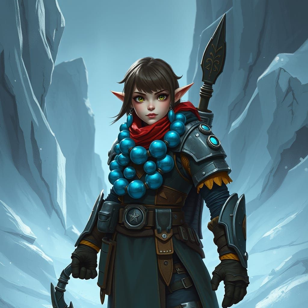 Halfling Bodyguard in Indigo Armor, Dystopian Landscape