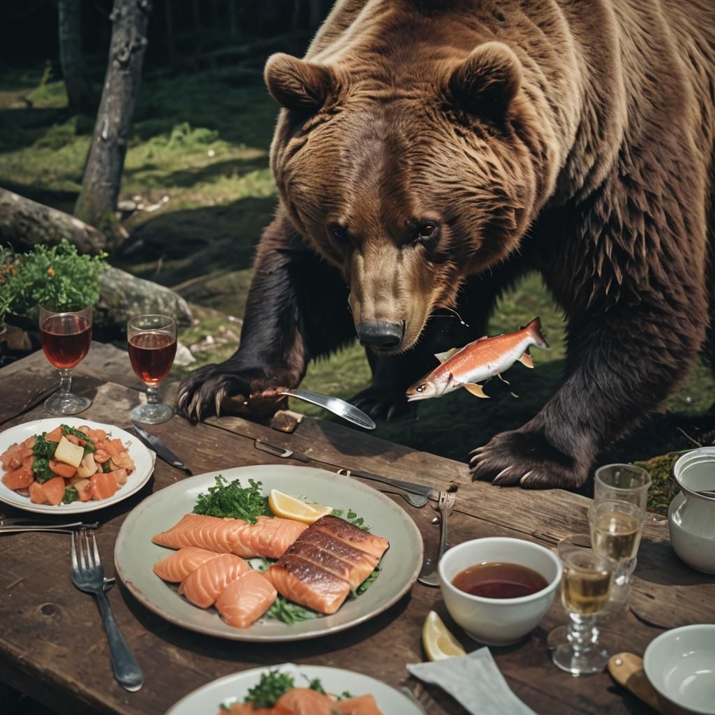 Brown Bear Dining: A Cinematic Film Still