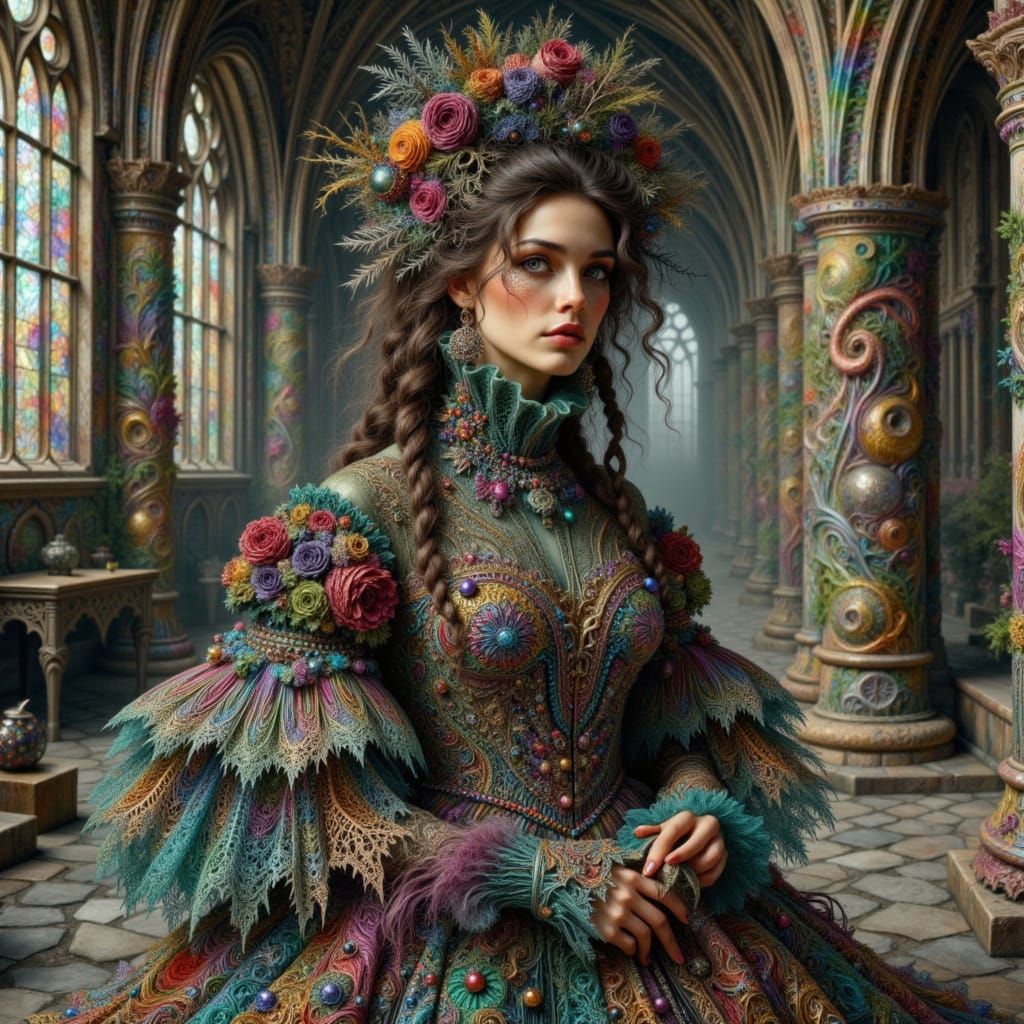 Woman in Blue, Green, Gold Gown in Gothic Cathedral