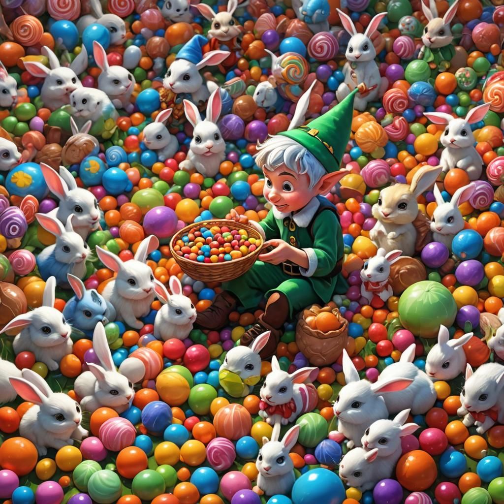 Pixar Elf Feeds Bunnies in Candy Art Style