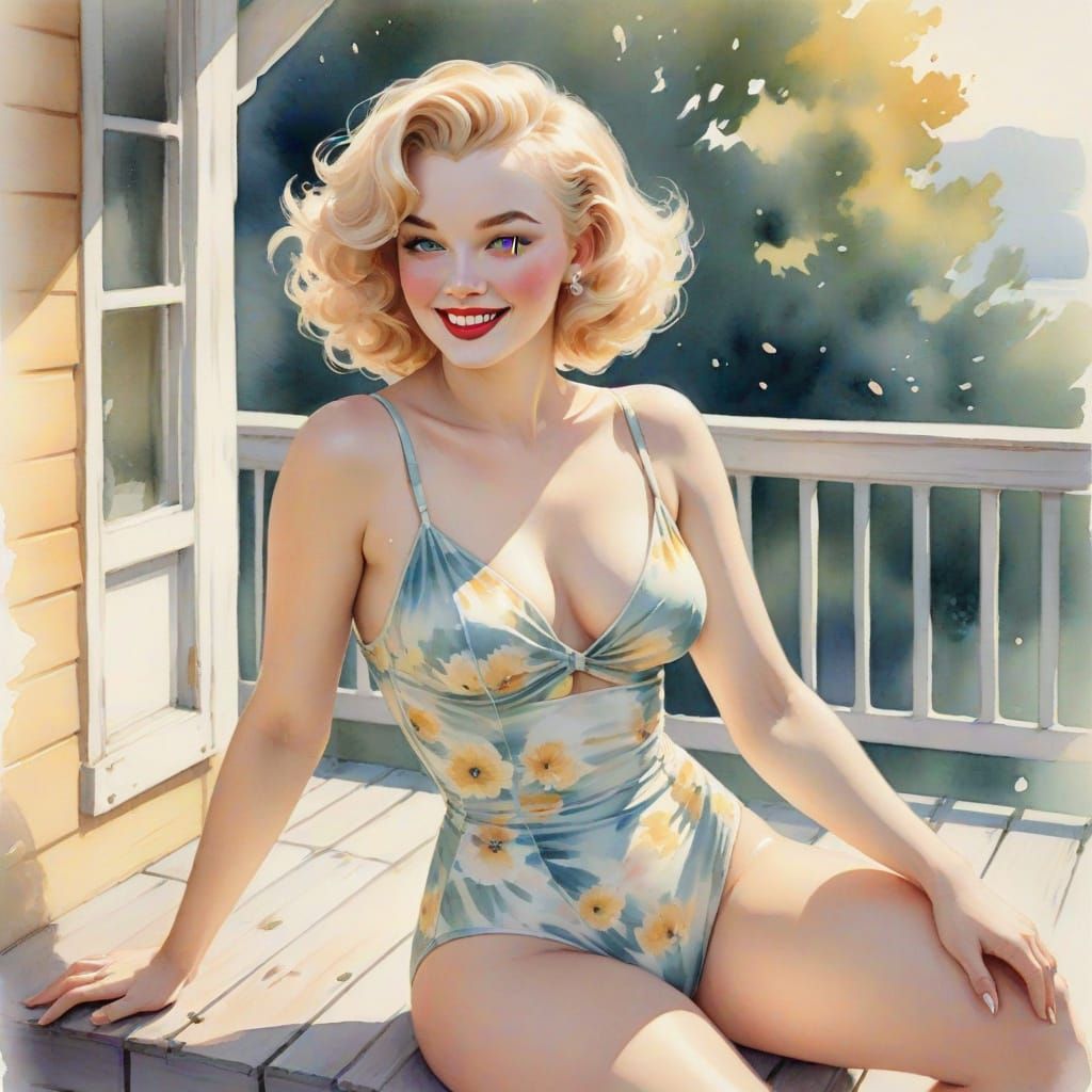 Vintage Watercolor Pin-Up Girl with Playful Smile