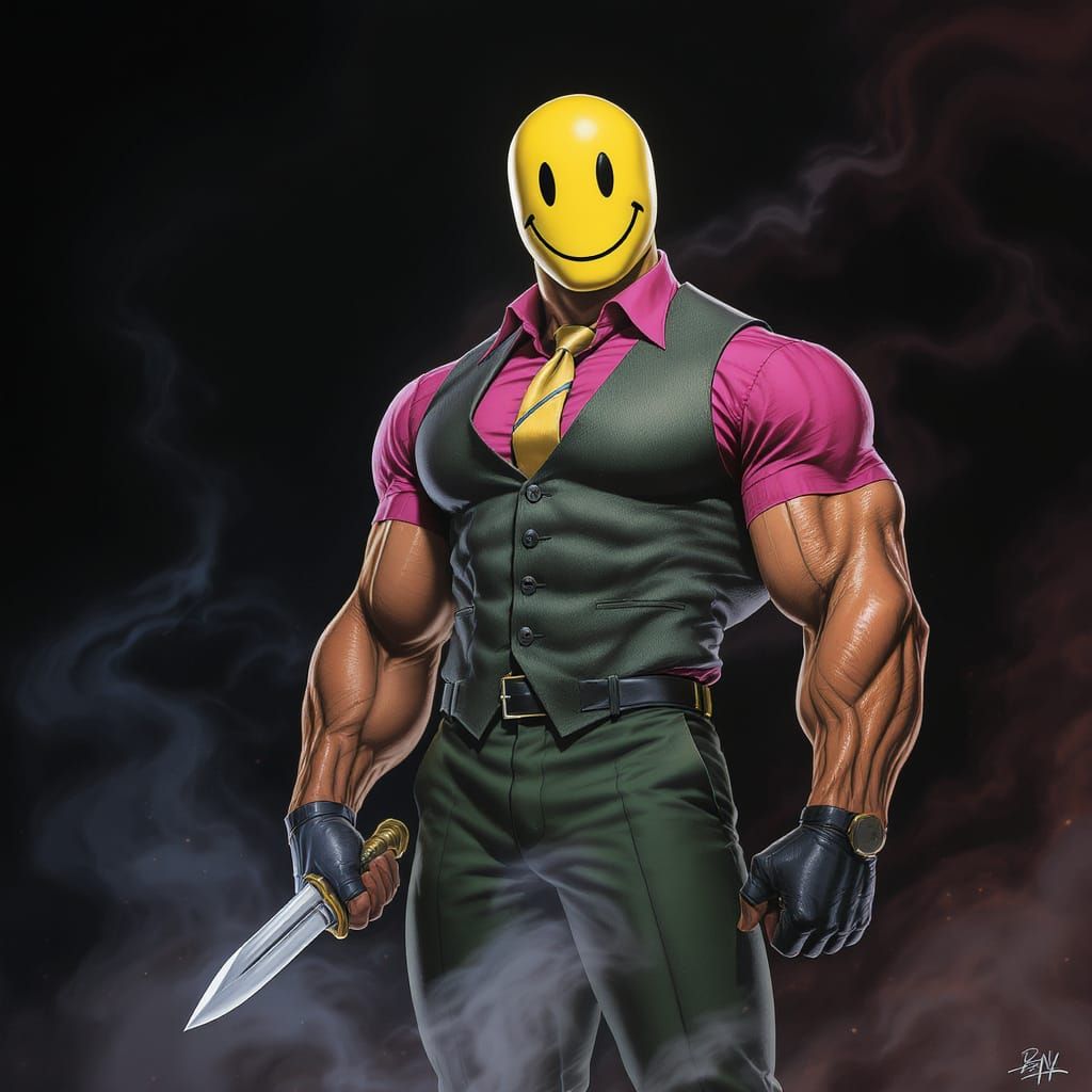 Muscular Man with Smiley Mask Holding Knife in Comic Style