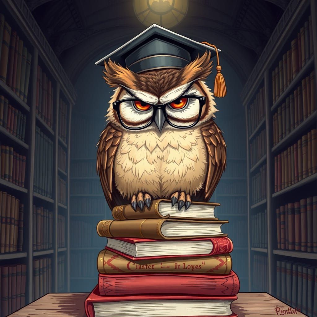 Whimsical Owl Scholar Perched on Ancient Tomes