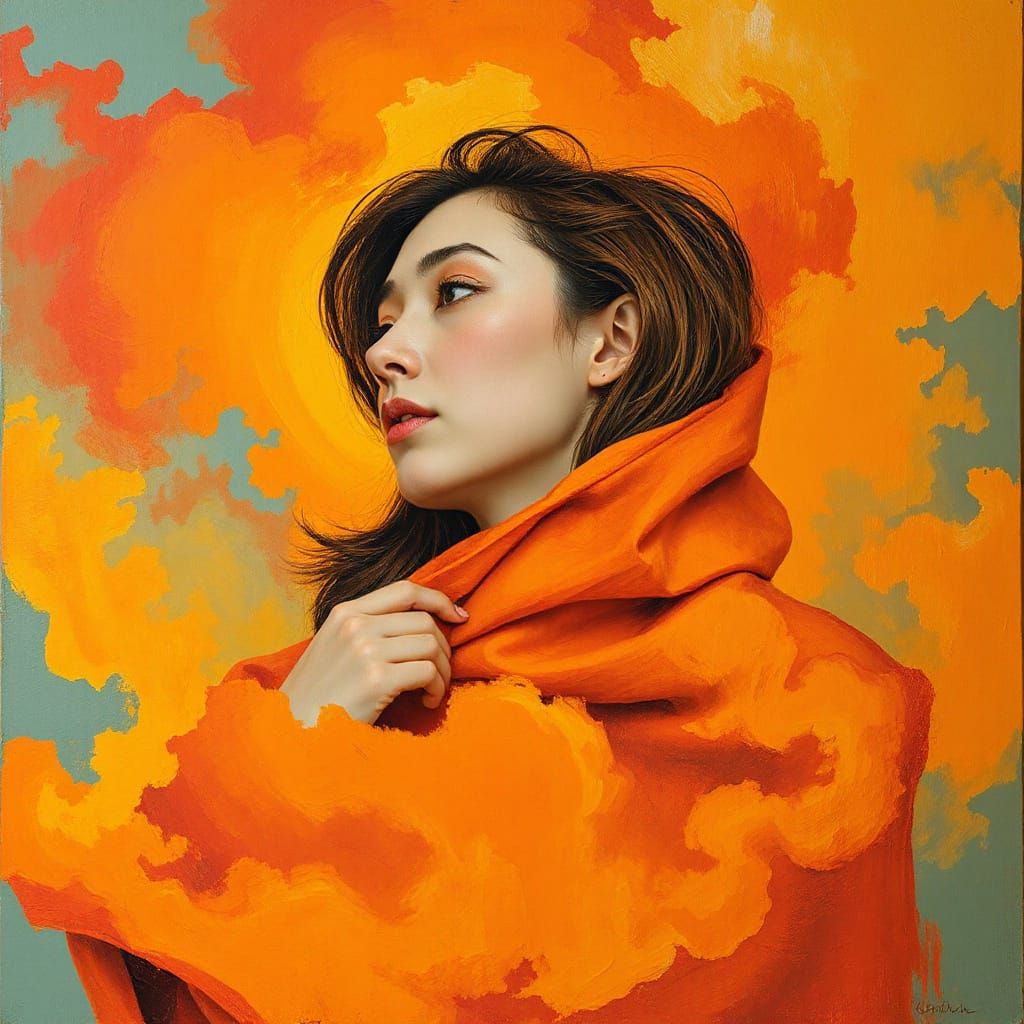 Serene Woman Lost in Vibrant Orange Hues