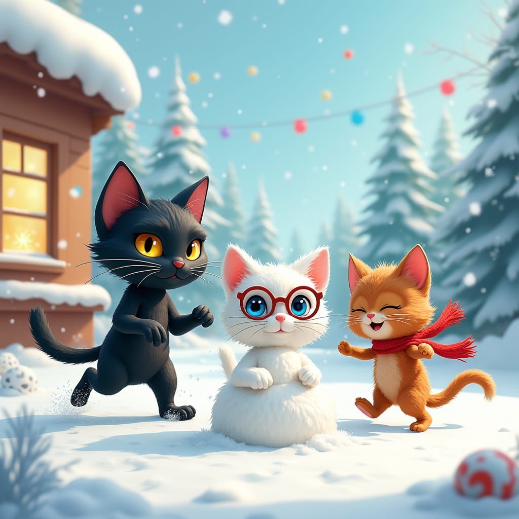 Whimsical Winter Wonderland with Frolicking Feline Friends