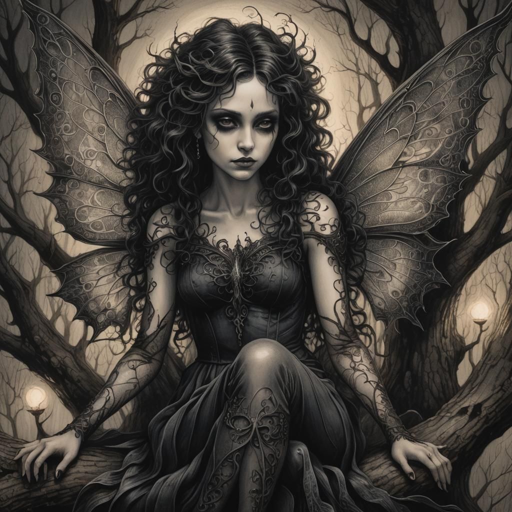Gothic Fairy with Dark Wings in Charcoal Drawing