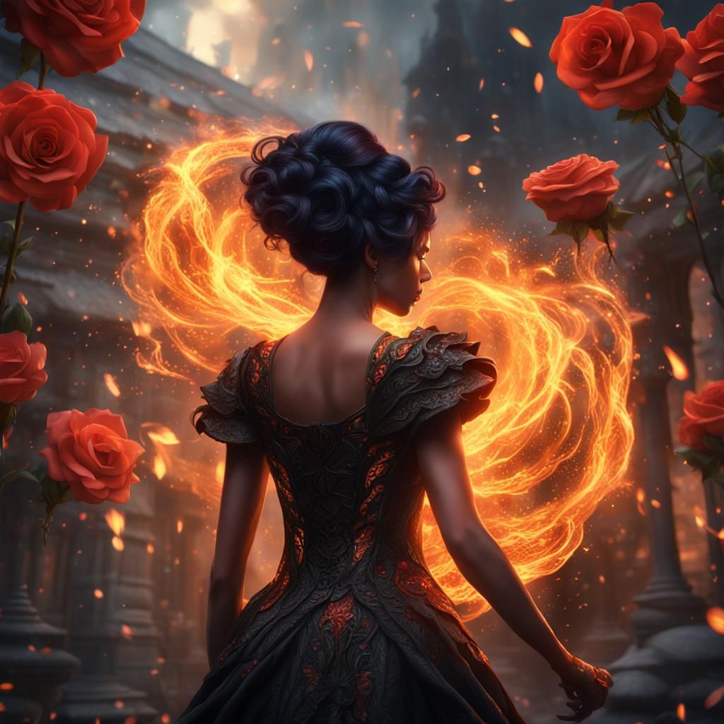 Fiery Rose Woman in Detailed Matte Painting