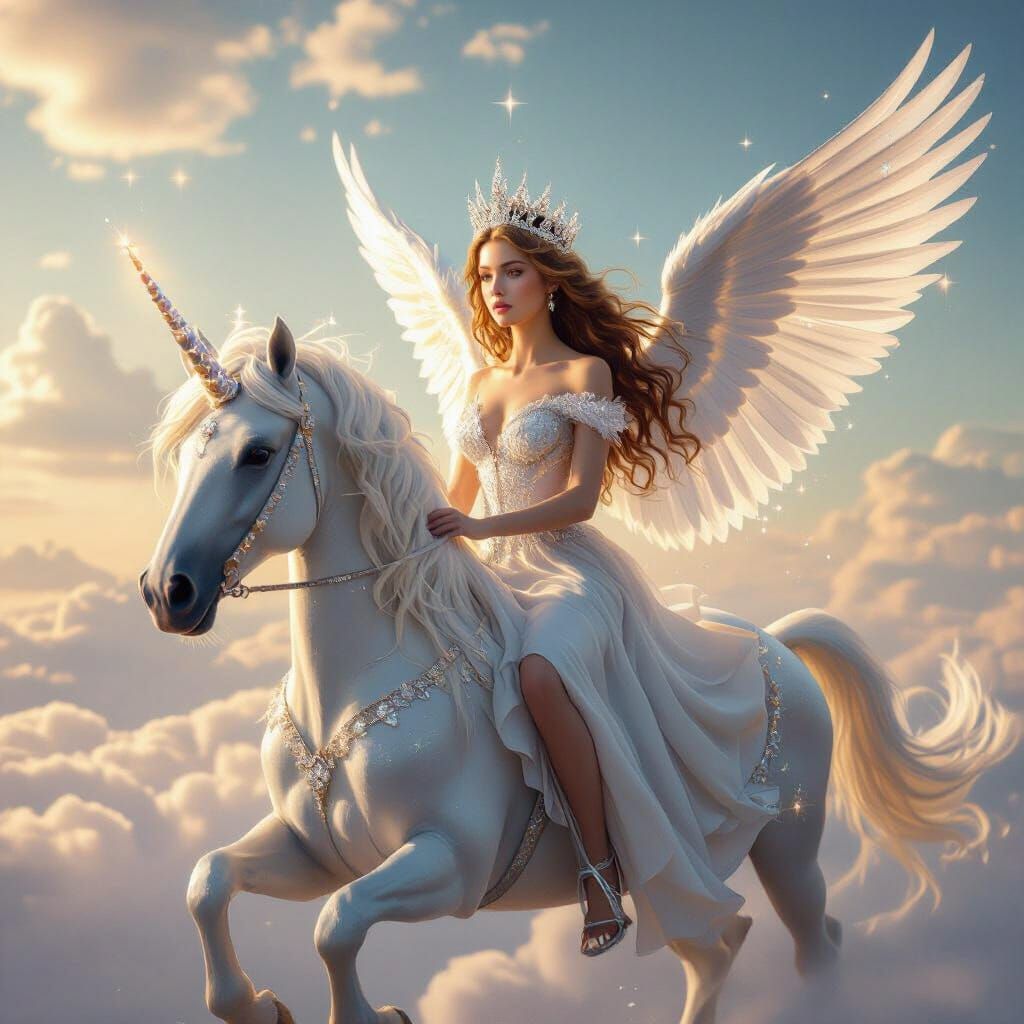 Angel on Unicorn Soaring Through Stardust Sky