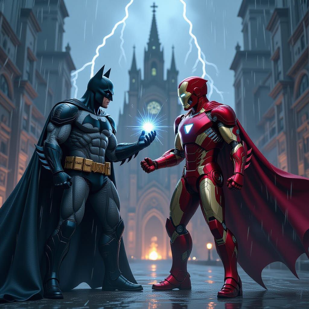 Batman and Ironman Clash Atop Gothic Cathedral