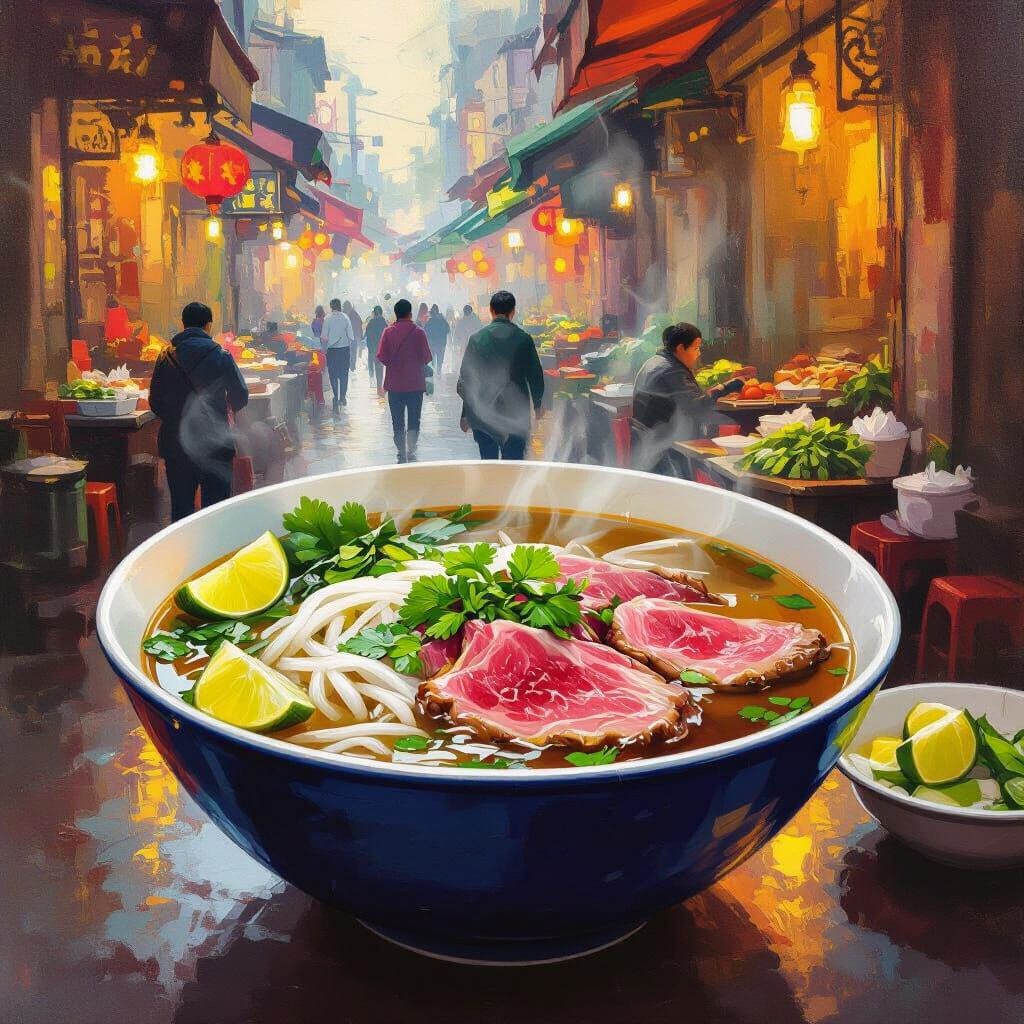 Vietnamese Beef Noodle Soup in Impressionist Realism