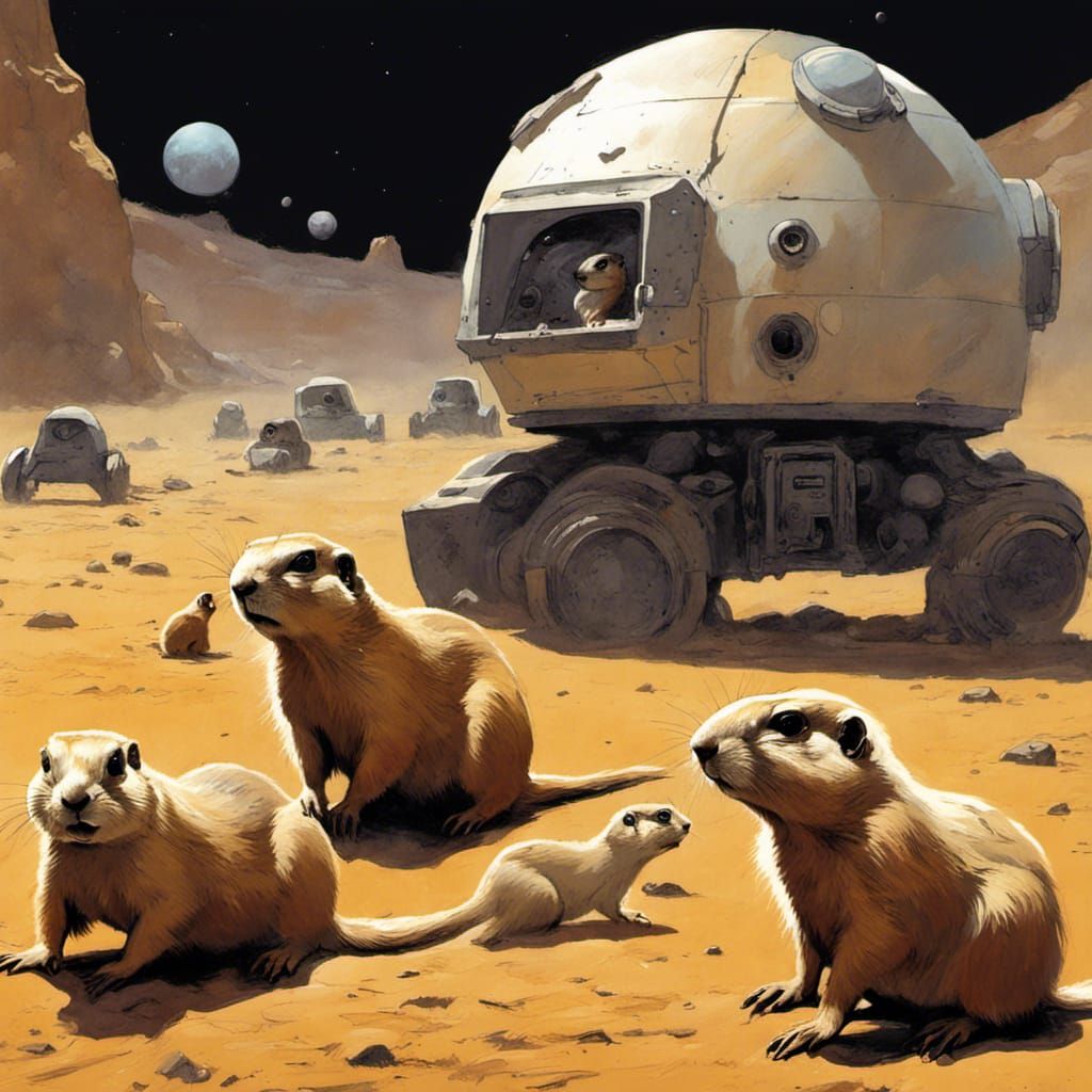 Prairie Dogs in Asteroid Colony, Fantasy Art