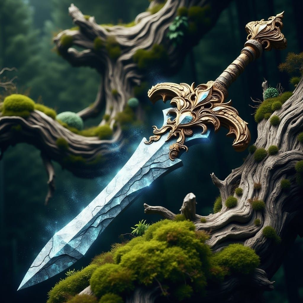 Ornate Sword with Shimmering Blade in Enchanted Glade