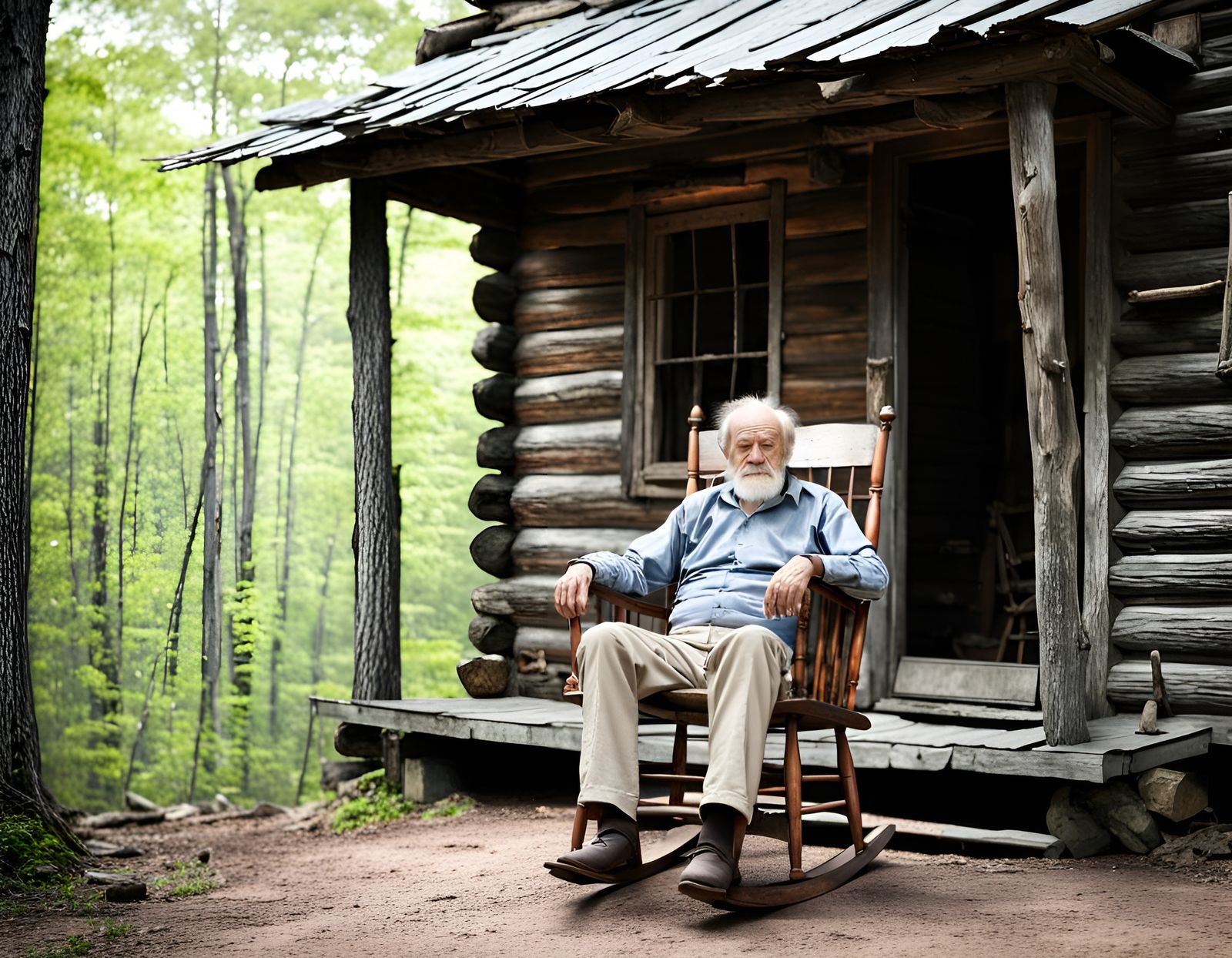 Old Man Relaxing on Cabin Porch