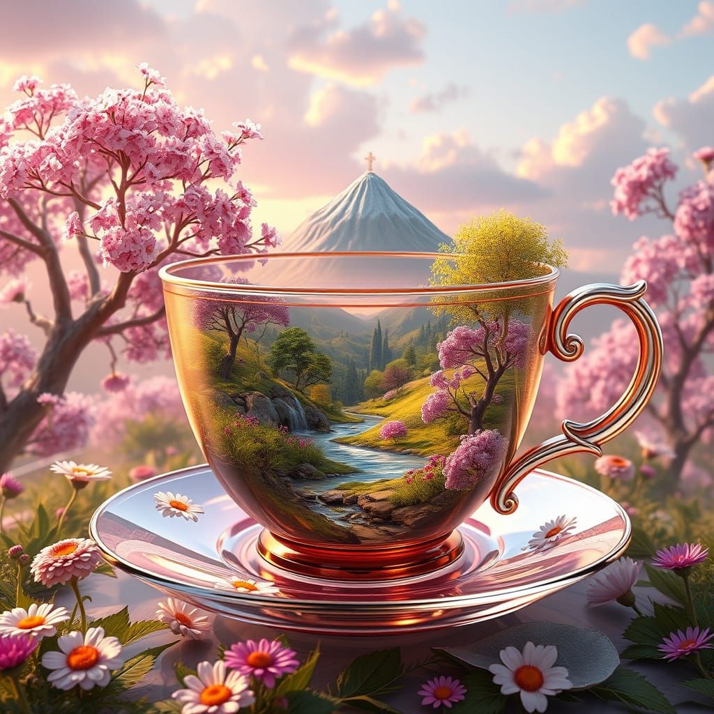 Summer Landscape in Glass Teacup: Fantasy Concept Art