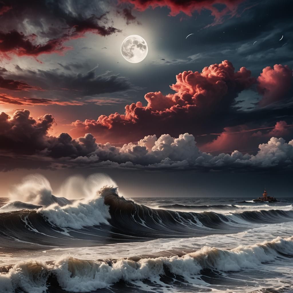 Dramatic Tsunami Wave at Night, Oil Painting