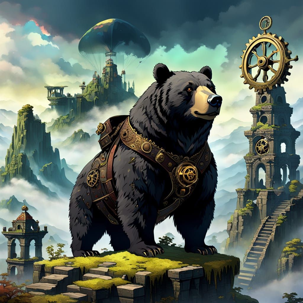 Steampunk Bear on Ancient Ruins: Dark Fantasy Art
