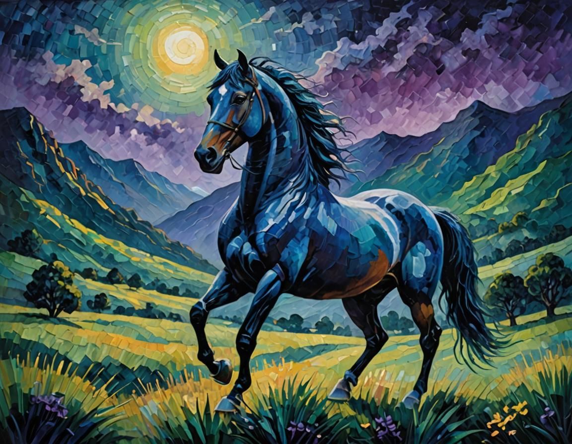 Woman on Horseback under Moonlight in Impasto Style
