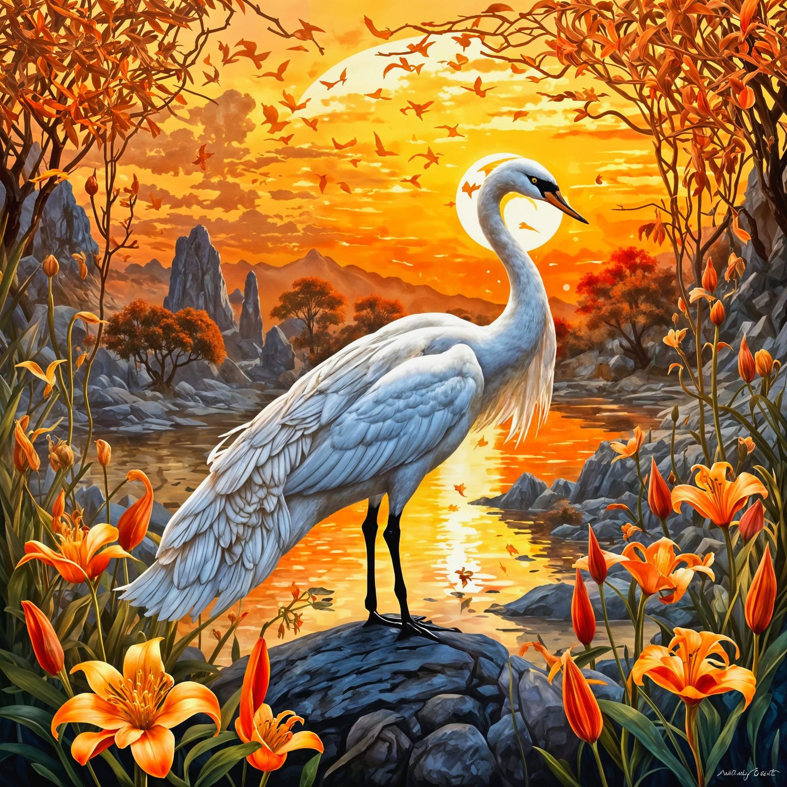 Hybrid Swan-Heron Amidst Tiger Lilies and Arched Rocks