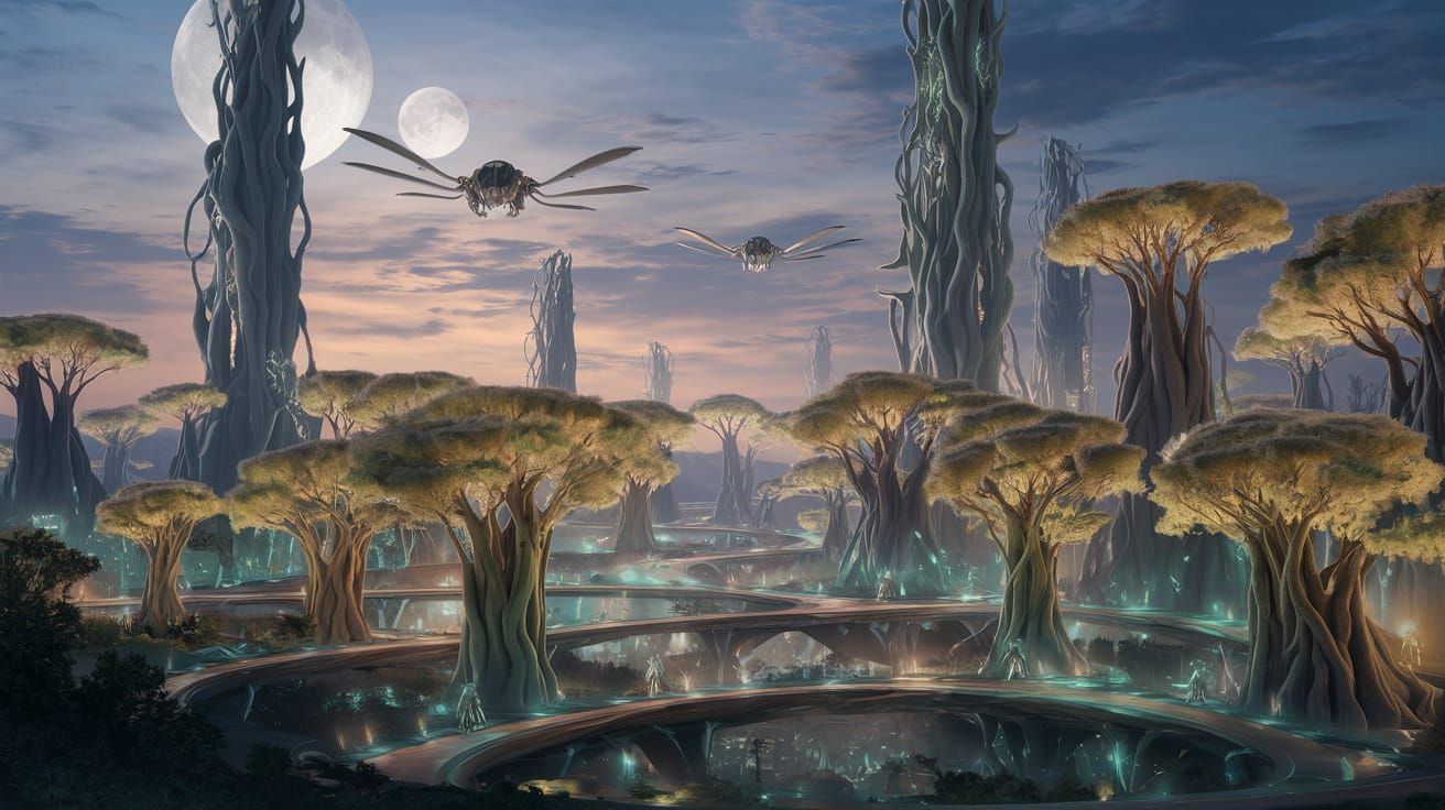 Ethereal Cityscape with Glowing Trees and Dragonfly Vehicles