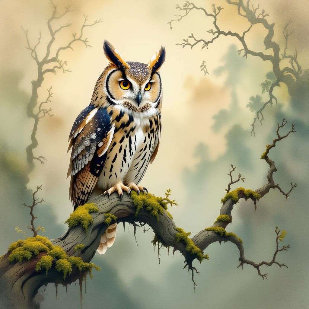 Majestic Owl on Abstract Branch in Surrealist Style