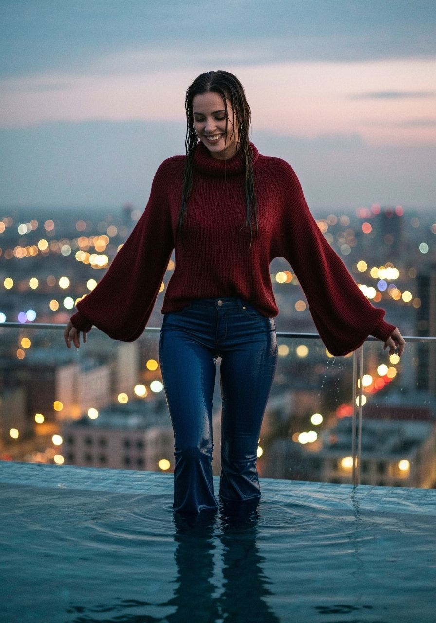 Brunette Emerges from Rooftop Pool at Twilight