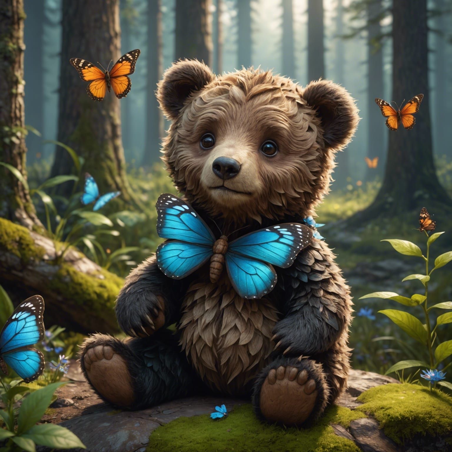 Cute Bear with Butterfly, Detailed Digital Painting