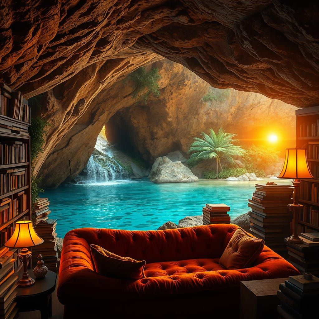 Cozy Cave Oasis with Tropical Waterfall and Library Bookshel...