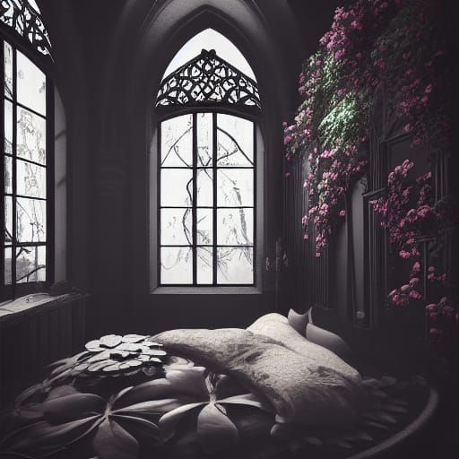 Dark Gothic Bedroom with Flowers: Digital Matte Painting